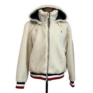 Tommy Hilfiger Ivory Sherpa Fleece Shell Hooded Zip Bomber Jacket Women’s M
